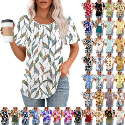Damen Sommermode Lässig Plissee Rundhals Print Kurzarm T-Shirt Top