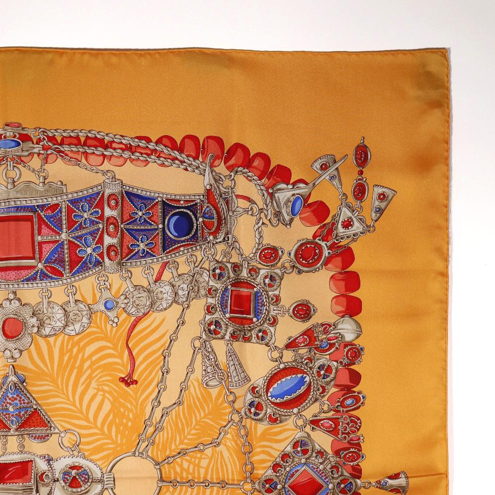 HERMES Carree90 scarf TERRES PRECIEUSES Orange/Blue / beige silk Women Used