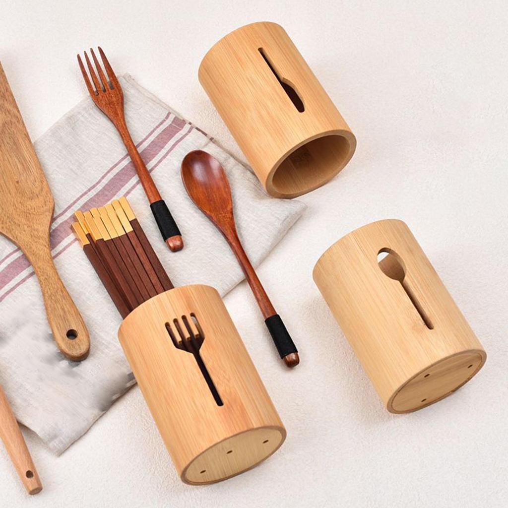 Drain Bamboo Silverware Organizer Utensil Holder Kitchen Countertop Chopstick Tube Hotel Restaurant Tableware Storage Bucket