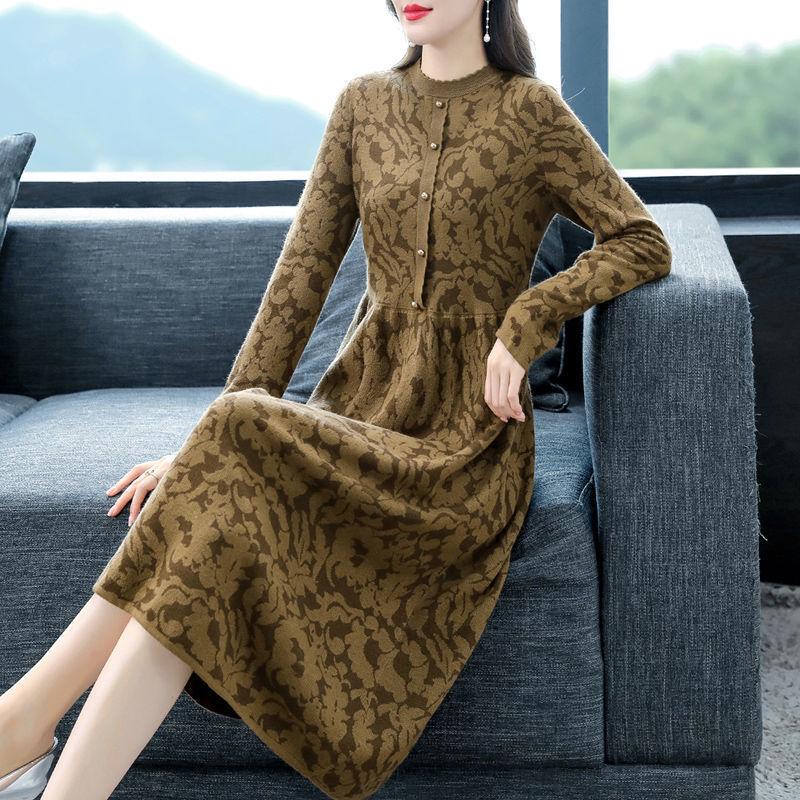 Autumn Winter 2025 High Neck Patterned Long Knit Sweater Dress