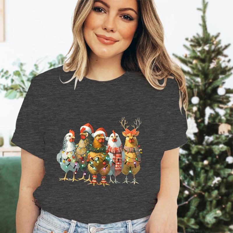 Festive Fashion Tshirt Women Merry Christmas Chicken Cartoon Tshirts Country Life Lovers Christmas Party Gift Essential Tops