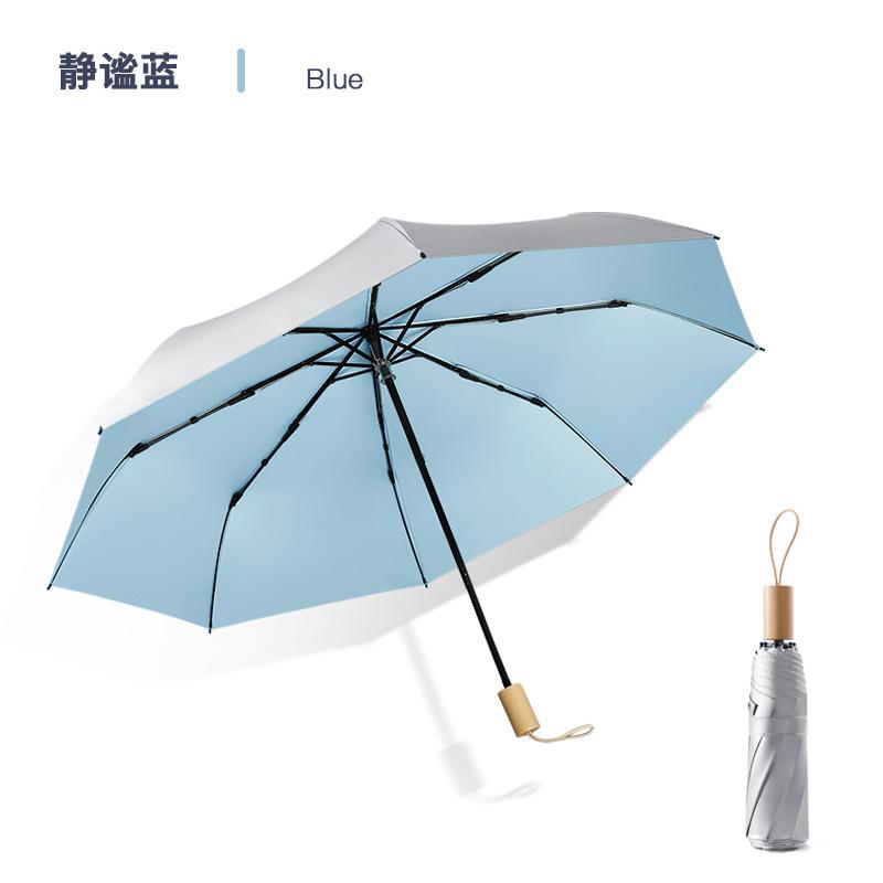 Solid color wooden handle three-fold umbrella wholesale 8-bone silver glue sun protection and UV protection folding umbrella manual umbrella