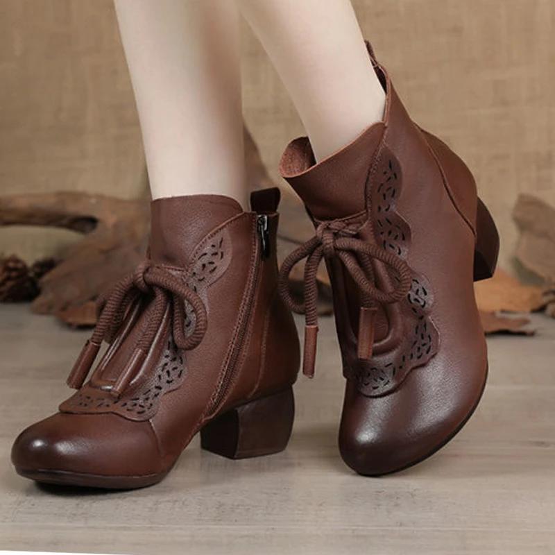 Women'S Leather Boots Ethnic Style Retro Mom Short Boots Soft Bottom Round Head Leisure Non-Slip Shoes