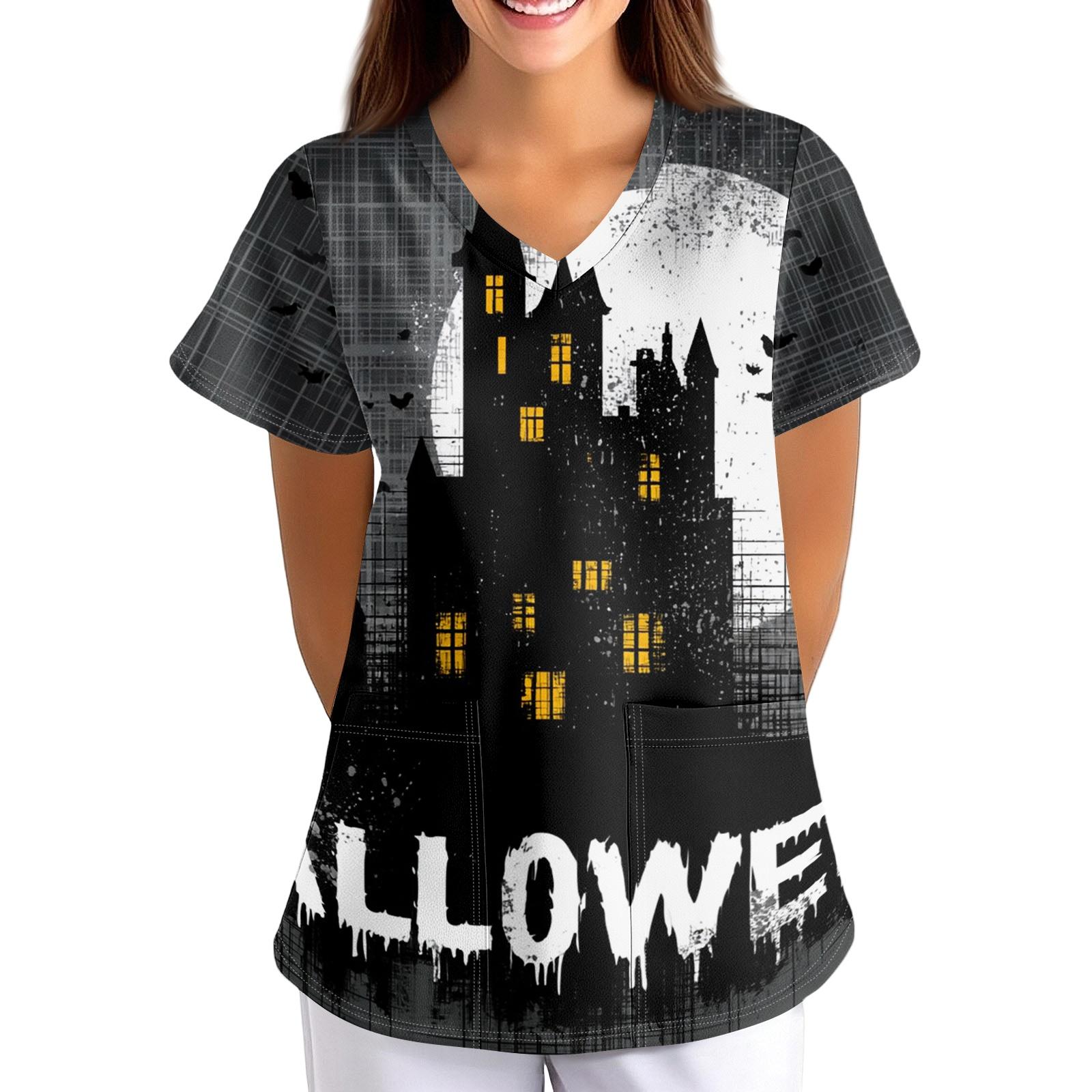 Women s Halloween Print Costume V-Neck Short Sleeve Loose Fit with Pockets XXXXXL
