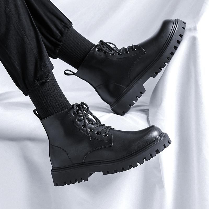 Large Size Men's Leisure Platform Boots Black Autumn Winter Shoes Cowboy Genuine Leather Ankle Boot Handsome Short Botas Zapatos
