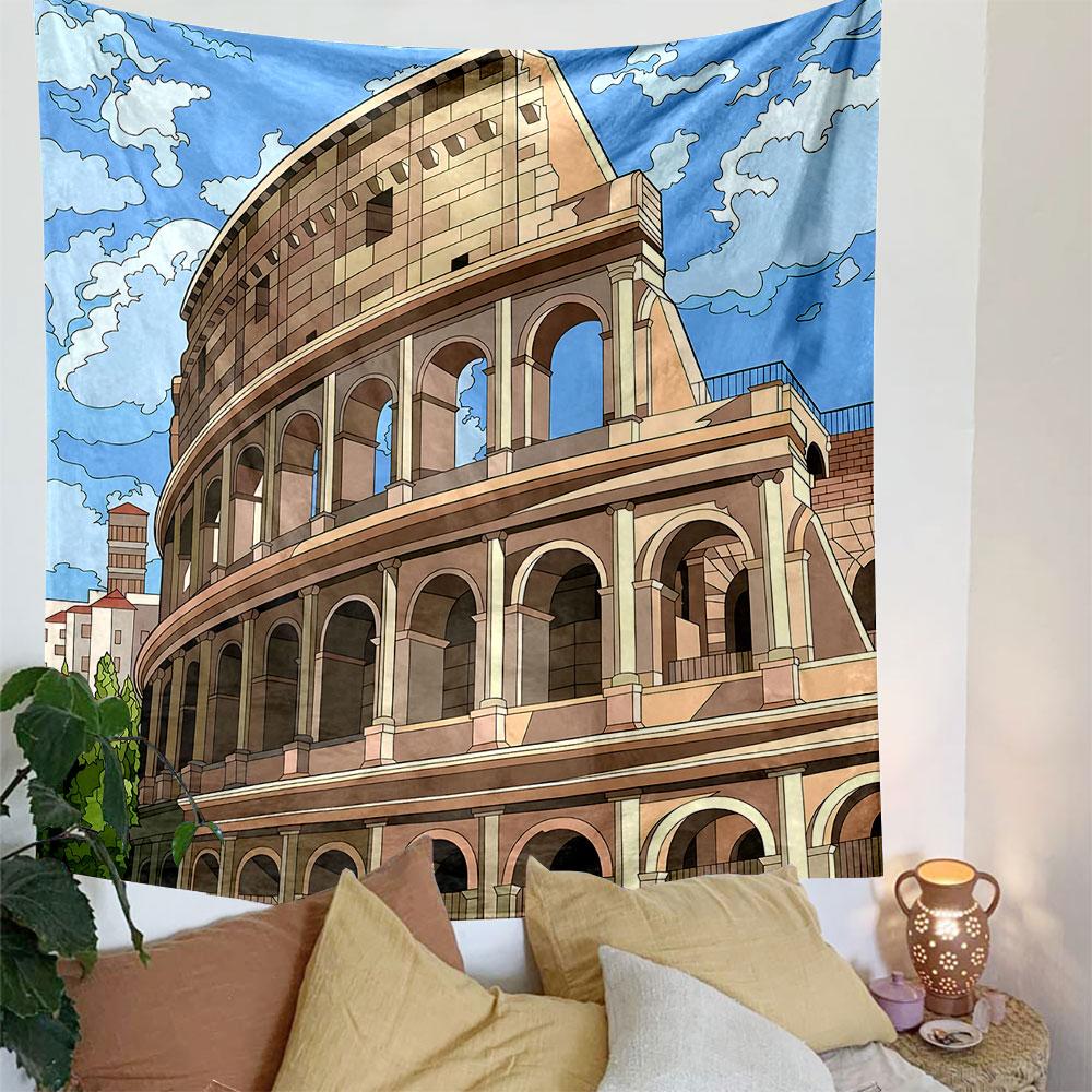 Roman Colosseum Cartoon Illustration Patterned Tapestry Decorative Wall Hanging, Home Bedroom Living Room Decor