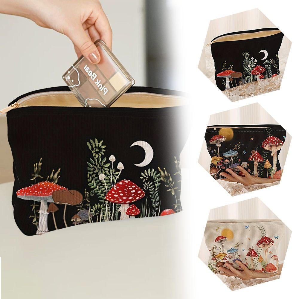 New Mushroom Print Cosmetic Bag Zipper Corduroy Storage Bag Large Capacity Coin Purse