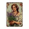2D Flat, Vintage Floral Metal Tin Box - Woman with Lavender Flowers Rustic Farmhouse Decor - Heavy-Duty Iron Construction