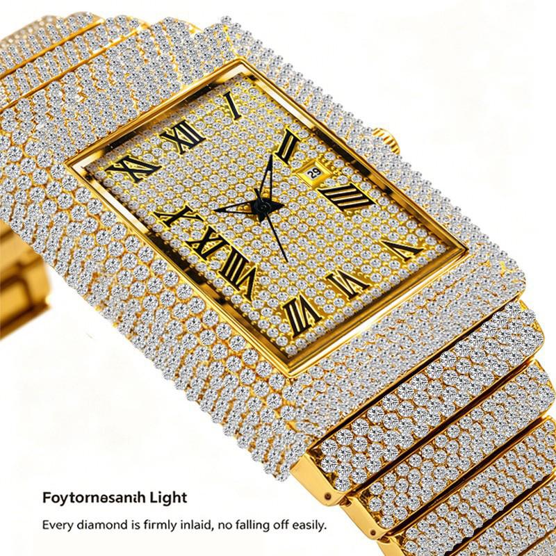 Damski Kwadratowy Zegarek z Diamentami Bling Iced Out Kwarcowy Zegarek na Rękę Cyfry Rzymskie Wodoodporny Modne Zegarki dla Mężczyzn