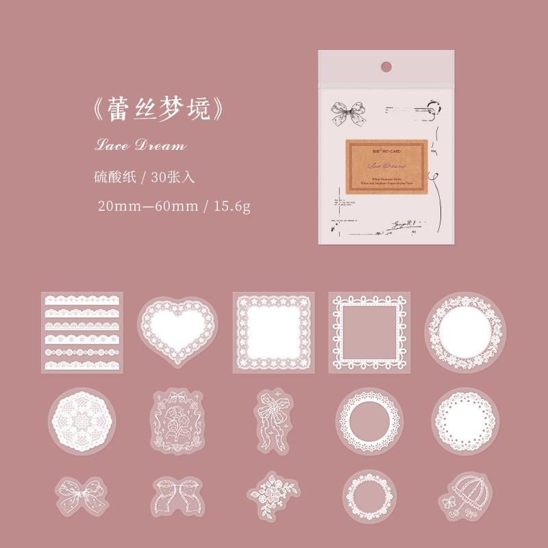 30-Piece White Translucent Lace Sticker Pack, Exquisite Floral & Geometric Patterns with Delicate Embroidery Details