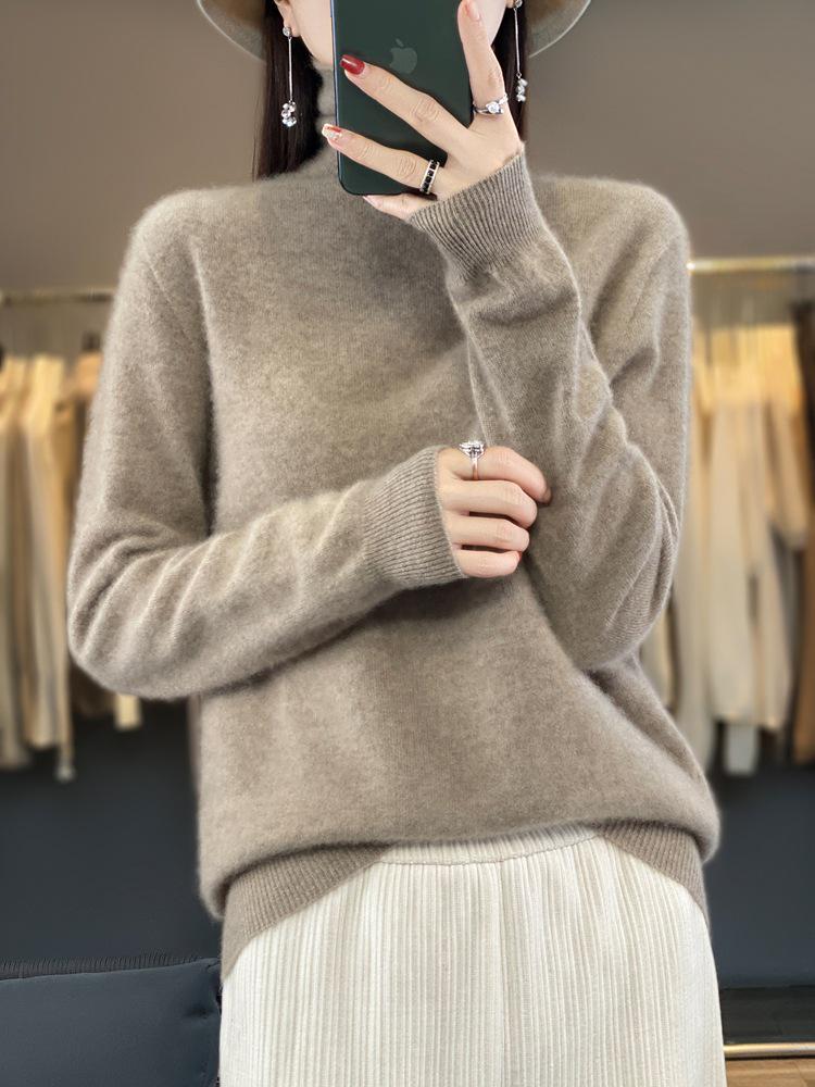 Women's Pure Wool High Neck Loose Pullover Sweater - Solid Color, Slimming, Long Sleeve - Autumn/Winter Collection