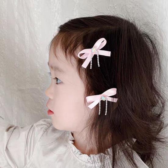 2Pcs Hairpin Soft Ribbon Bowknot Decor Smooth Edges No Hair Pulling Rhinestone Bow Chain Tassels Hair Clip Kids Hair Accessories