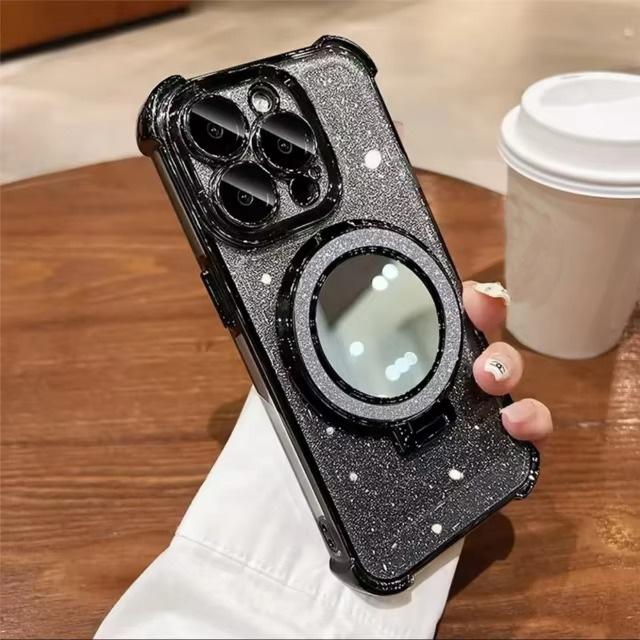 For iPhone 18 17 16 15 14 Pro Max Series Bling Glitter Mirror Kickstand Full Lens Protect Phone Case