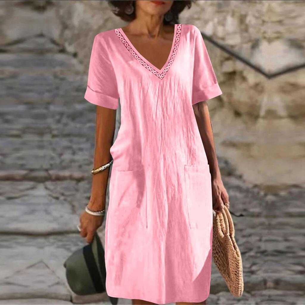 V-Neck Short Sleeved Cotton Linen Color Medium Length Dress For Women