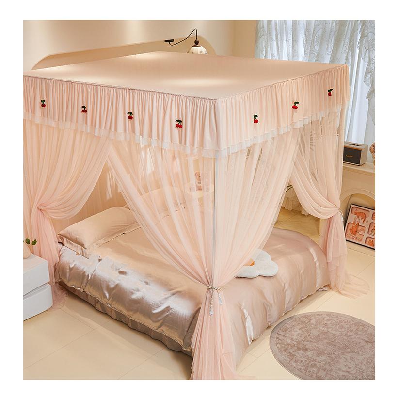 Solid Color Minimalist Princess Style Lace Triple Opening Floor Mosquito Net For Home Bedroom, Encrypted And Thickened