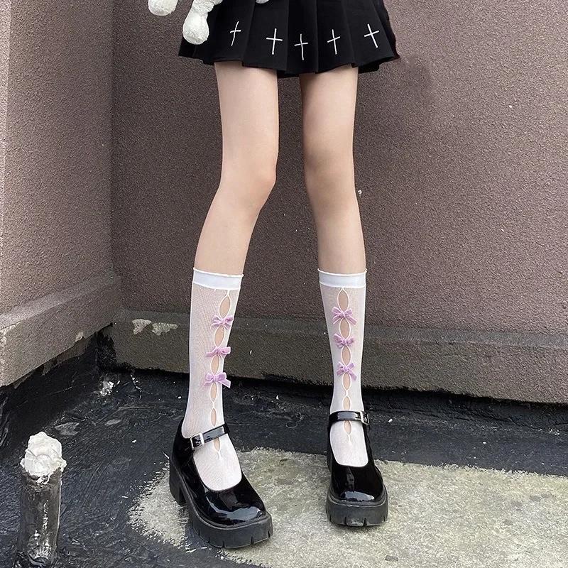 Korean Lolita Girls White Black High Long Socks Japanese Style Velvet Bow Knee Sweet Kawaii Cute Mesh Fishnet Stockings