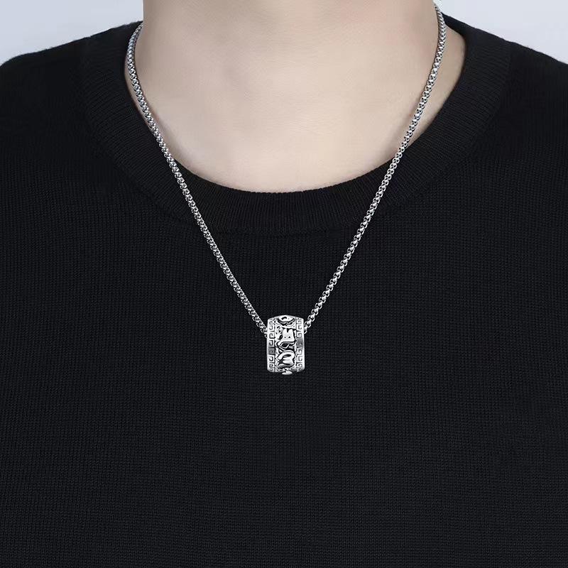 European and American Retro Six Character Auspicious Cloud Cylindrical Pendant, Trendy Titanium Steel Men's Necklace