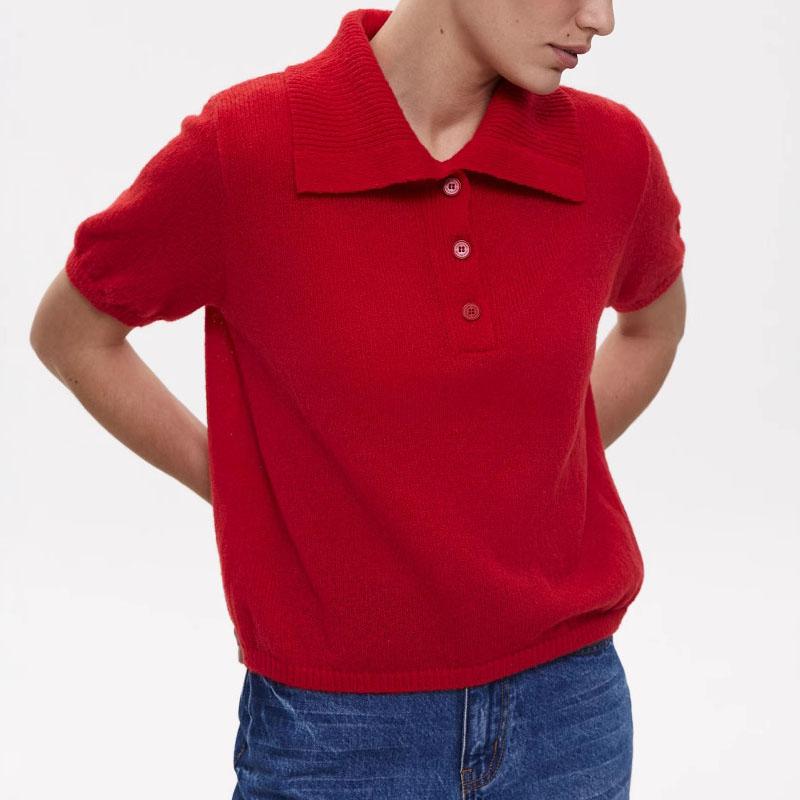 Suéter calado de punto de manga corta 2025 otoño y verano nuevo camiseta de manga abullonada suéter de punto simple mujer