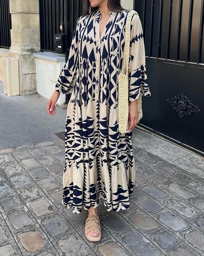2023 Cross-border Plus Size European & American Women's Bohemian Print Pullover Dress for Autumn