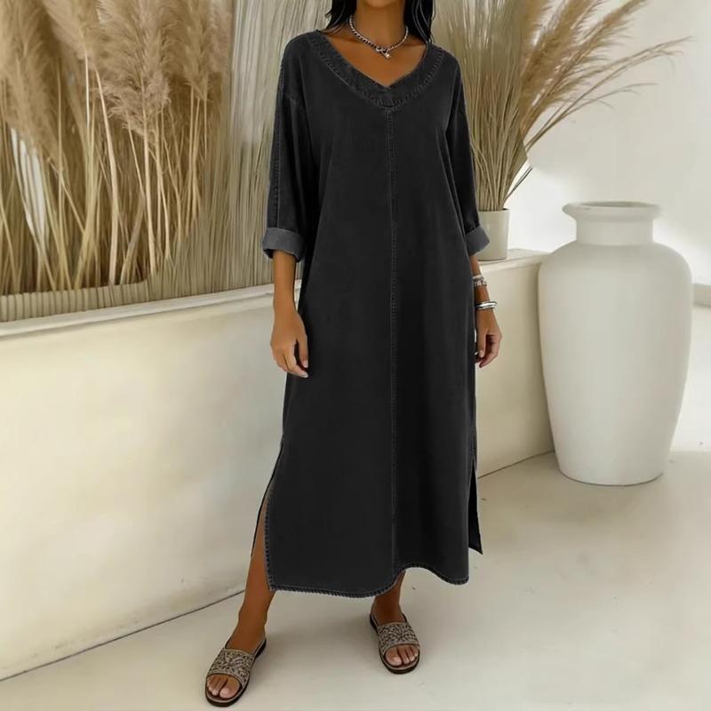 Solid Color V Neck Mid Sleeve Loose Imitation Denim Side Split Casual Midi Dress