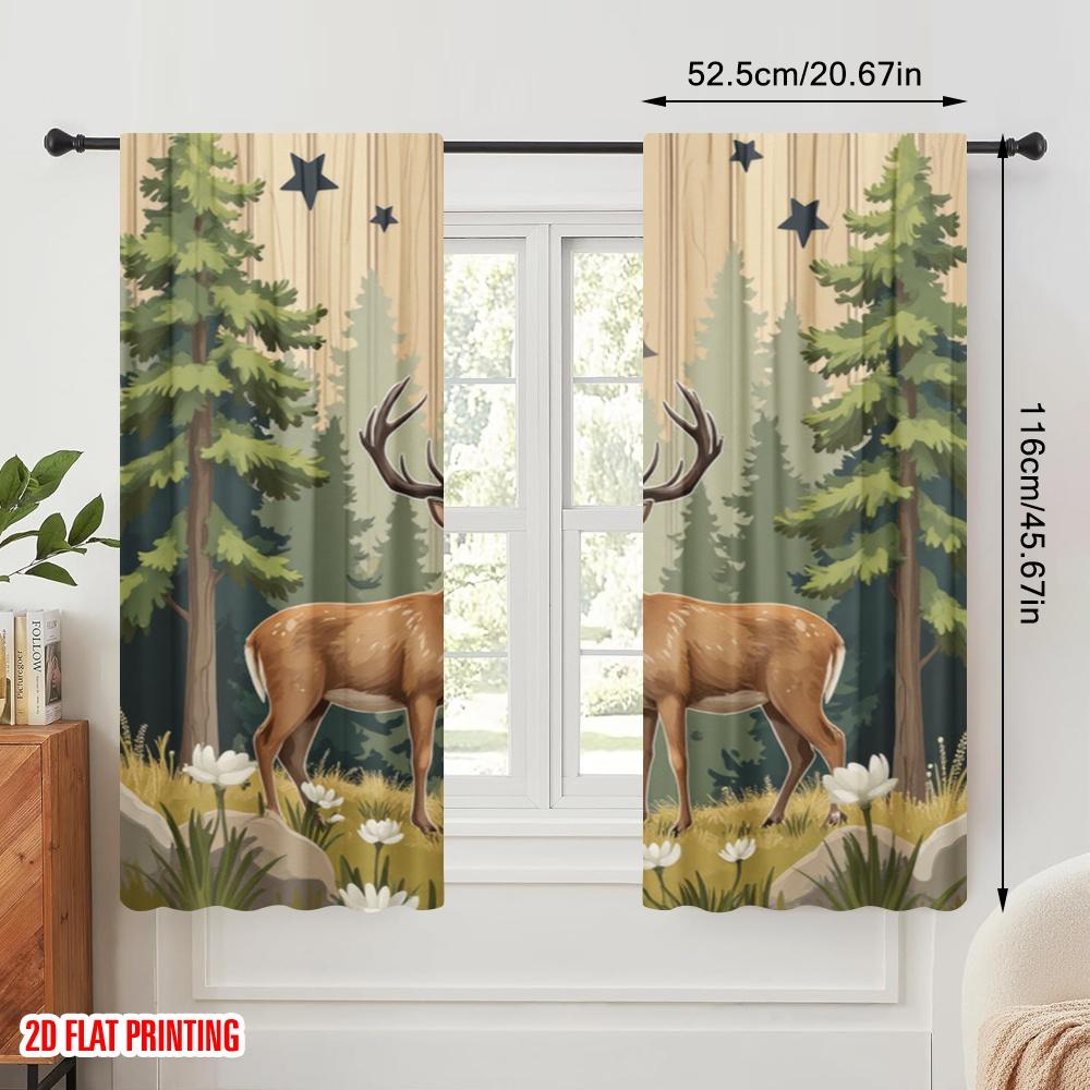 2 Stück, 2D-Flachdruck Lichtfilternde Vorhänge Hirsch-Duo Vielseitiger Stoff (ohne Stange) Art Deco Festlich Perfekt für Schlafzimmer,