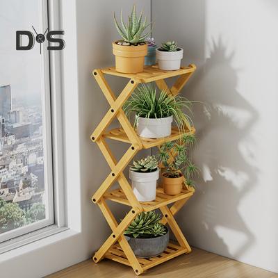 Folding Plant Stand 4-Tier Bamboo Plant Rack Shoe Display Shelf X-Shaped Structure Plant Stand for Entryway Balcony Living Room
