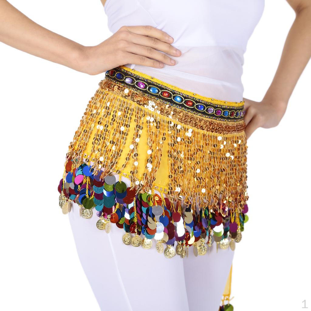 Chiffon Dangling Gold Coins Belly Dance Hip Scarf with Sequins Rhinestones Decoration,Dance Skirt