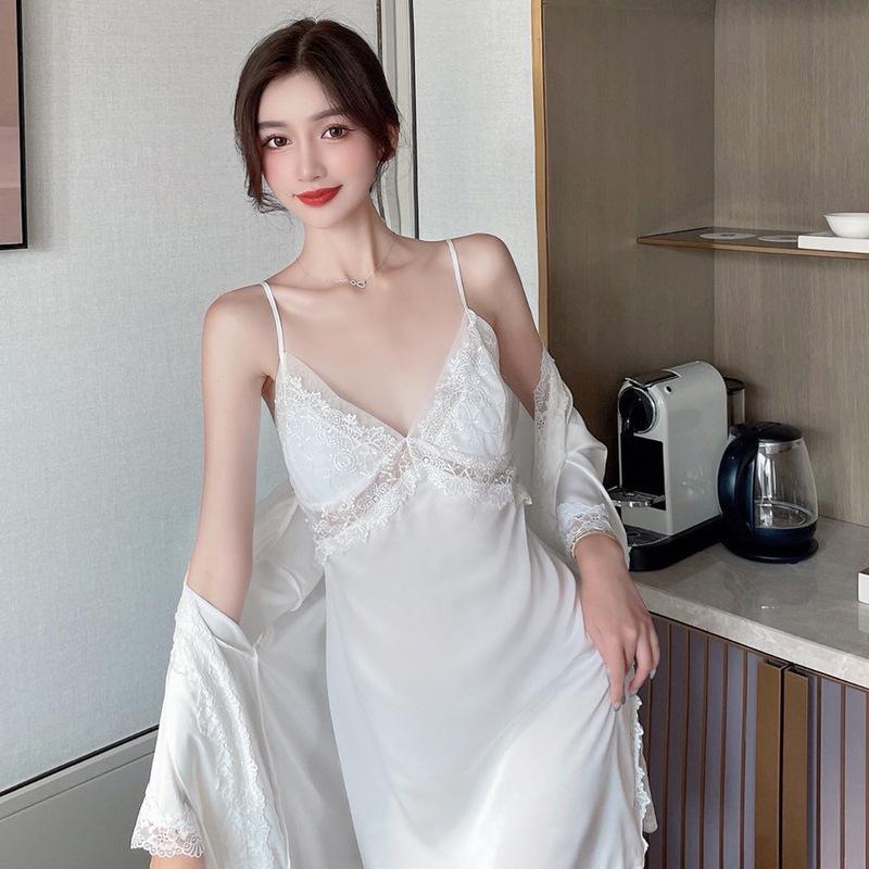Lace Hollow Temptation Suspender Nightdress Ice Silk Sexy Hot Sexy Pajamas Two-Piece Set Chest Pad