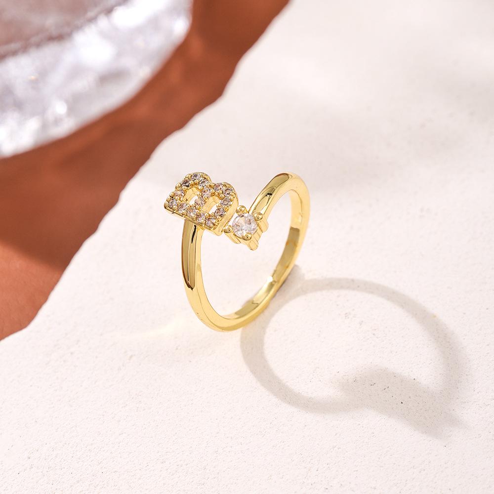 Copper Inlaid Zircon Alphabet Ring: Women's Fashionable Adjustable Open Ring