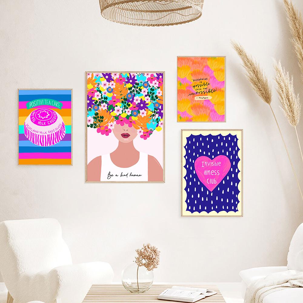Positive Kind Girl Quote Poster Wall Art Print Abstract Pink Flower Canvas Painting Colorful Boho Living Room Home Decor Picture