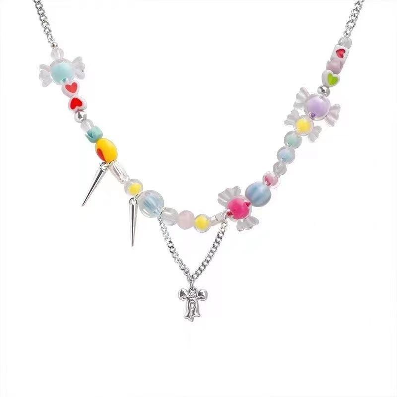 

Dopamine Girl Colored Necklace Female Niche Design Sense Sweet Beaded Collarbone Chain Internet celebrity Sweet Cool Babes Necklace