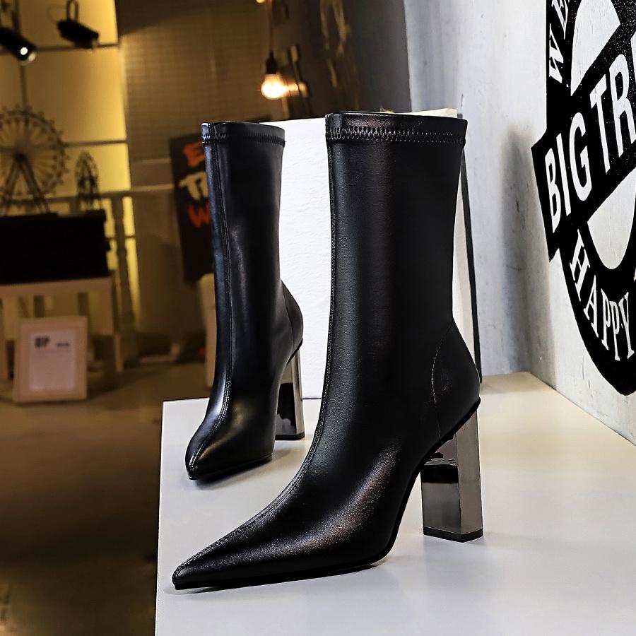 Bigtree Shoes Mid-Calf Boots Chunky Block Heels Women Boots Pointed High-Heeled Boots Lady Pu Leather Boots Autumn Winter Shoes