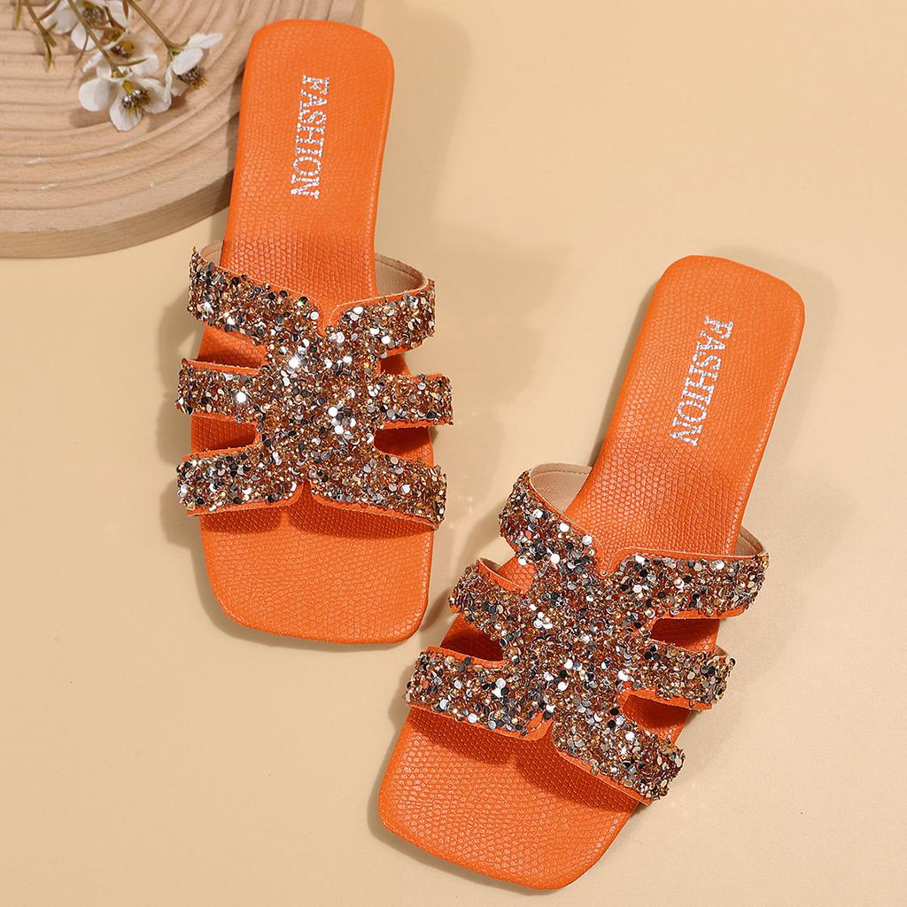 36-43 Schuhe für Damen Sommer Mode Sexy Lässig Bequem Einfarbig Kristall Sandalen Eckige Zehenpartie Flache Slipper Zapatos Mujer