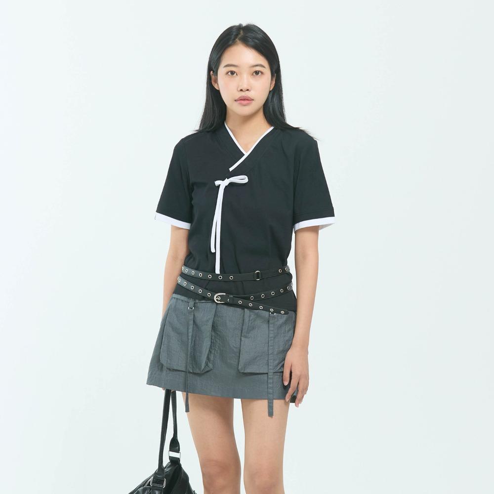 Korean Traditional Layered Collar Short Sleeve T-Shirt - Black / White