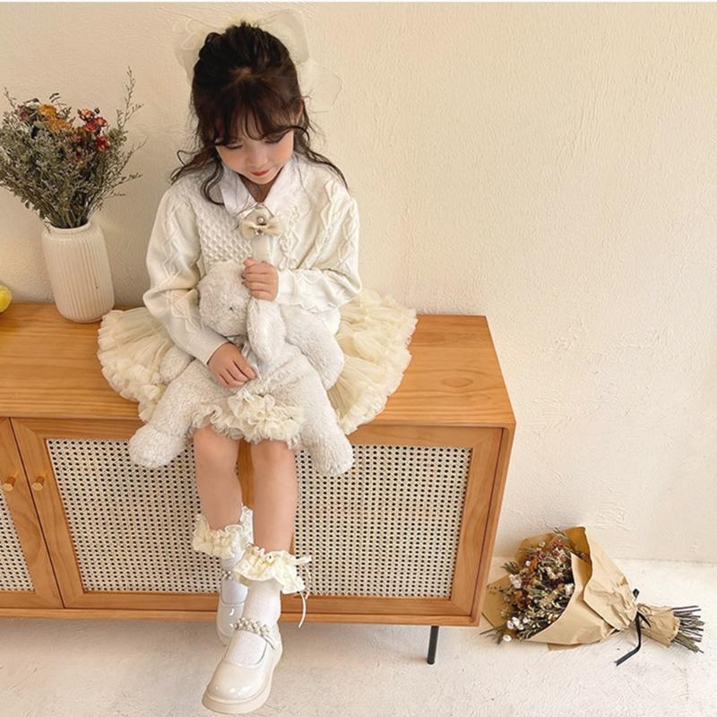 Breathable Cotton Hosiery Socks for Girls Toddler Stretchy Knee High Socks Puff Edge Lace Bows Socks for Autumn Spring