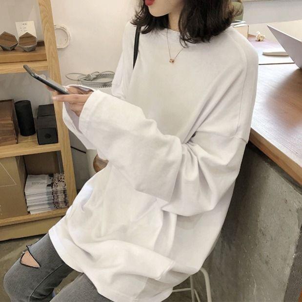 2025 Women's Loose Korean-Style White Long-Sleeve T-Shirt for Autumn/Winter