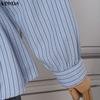 VONDA Women Turn Down Collar Long Sleeve Striped Print Slim Waist Casual Blouse Shirts