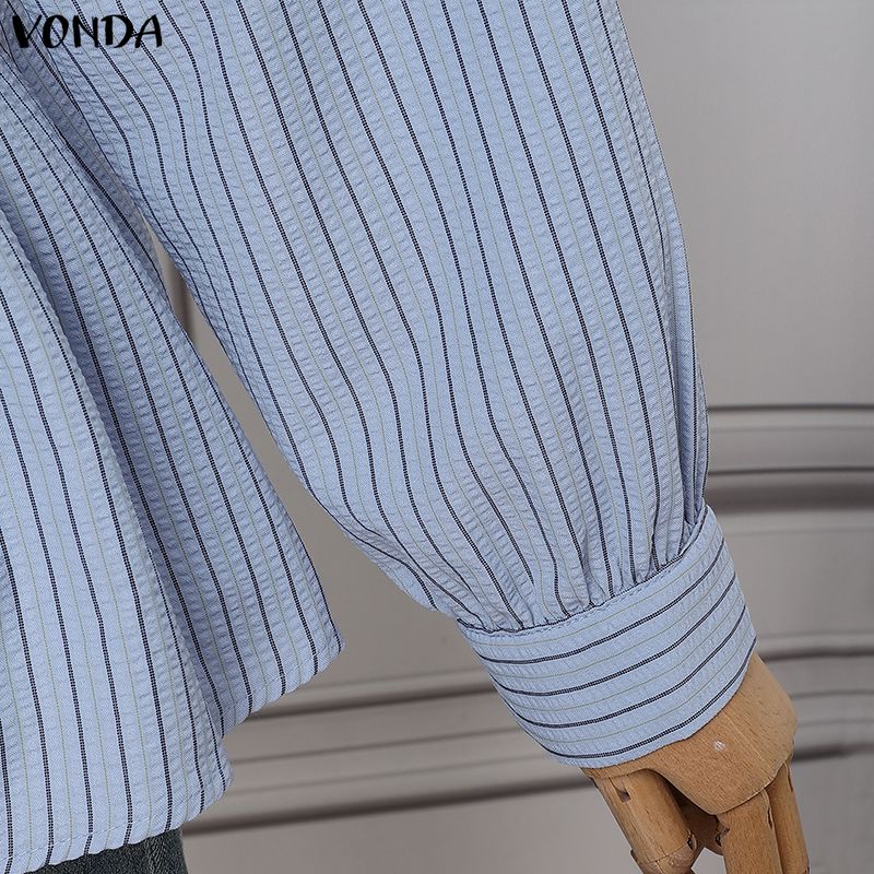 VONDA Women Turn Down Collar Long Sleeve Striped Print Slim Waist Casual Blouse Shirts