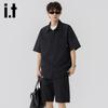 Izzueit Men's Summer Seersucker Ice Silk Casual Shirt & Shorts Set