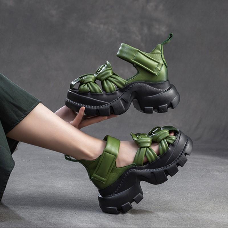 Johnature Sandale cu platformă din piele naturală, împletite confortabil, respirabile, retro, pantofi de damă