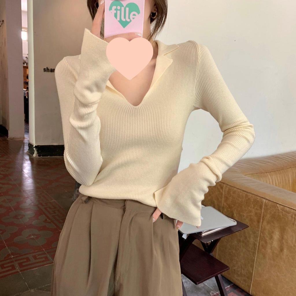Women's V-Neck Polo Collar Knit Sweater for Spring/Autumn
