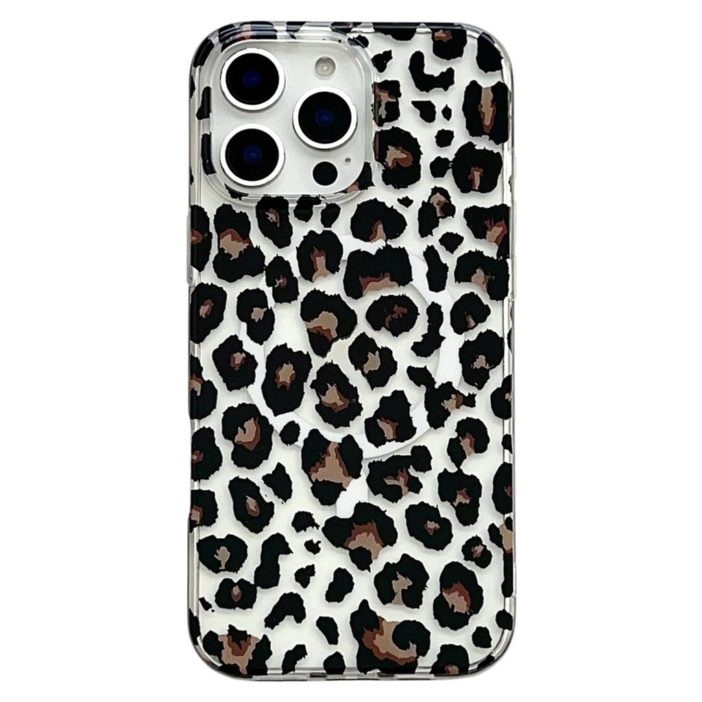 For iPhone 16 Pro Max Magnetic Case Hollow Leopard Print Design TPU PC Phone Back Cover
