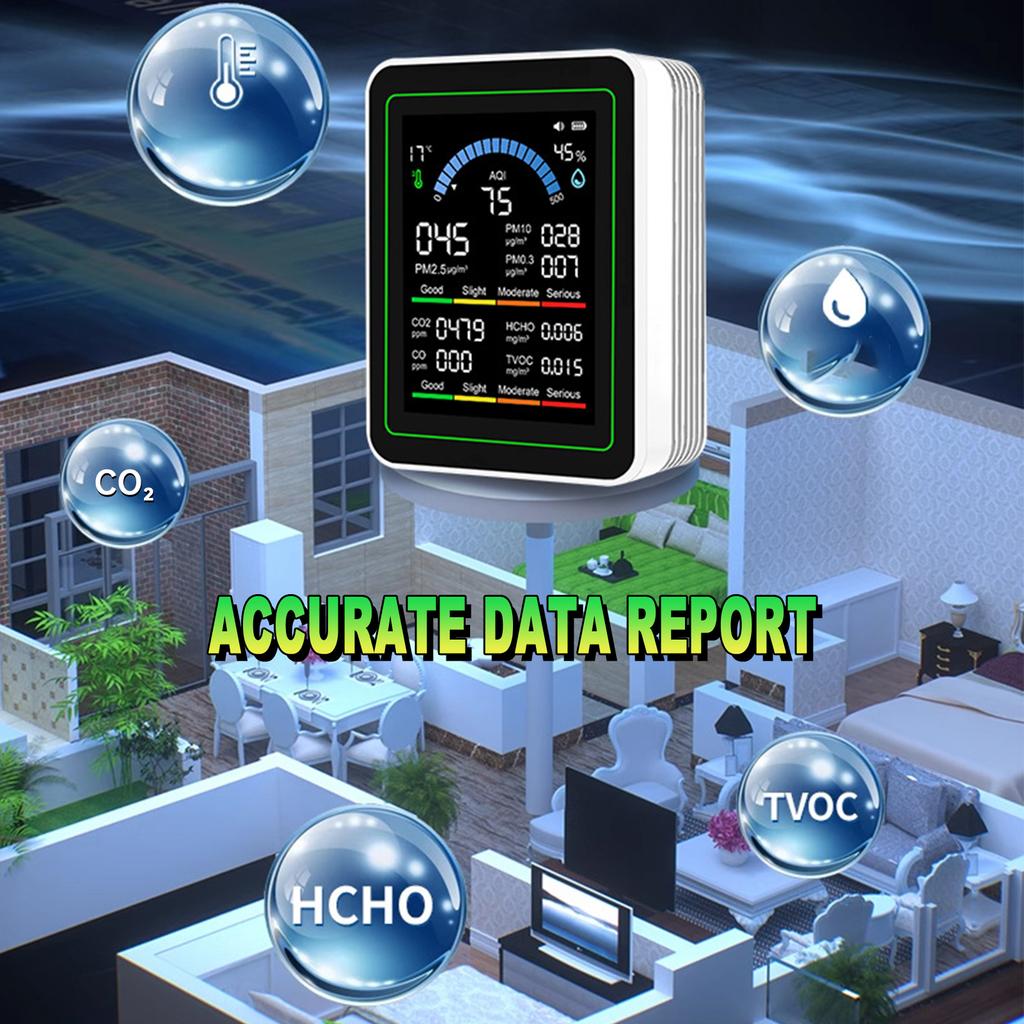 10 In 1 HCHO Meter, Portable Temperature and Humidity Meter with Color Screen for Home, Office, Vehicle, Detect PM0.3