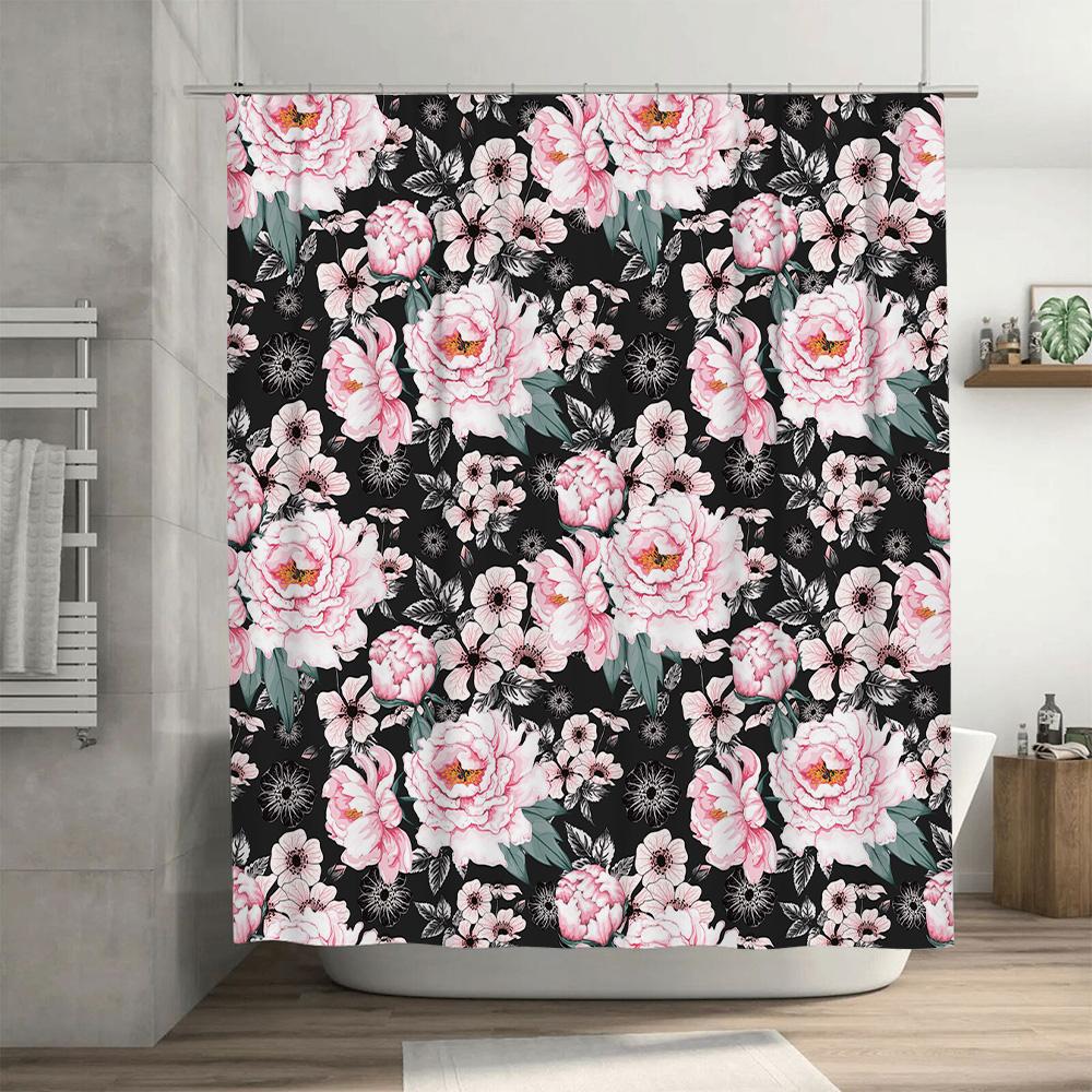 Modern Floral Shower Curtain Black Pink White Flowers Decorative Bathtub Cover Home Bathroom Accessories for Wedding Party Decor