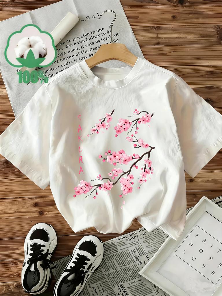 100% Baumwolle T-Shirt Floral Sakura Damen Y2k Stil T-Shirt Grafik Blumendruck Kurzarm Rundhals Oberteil Shirt Lässig