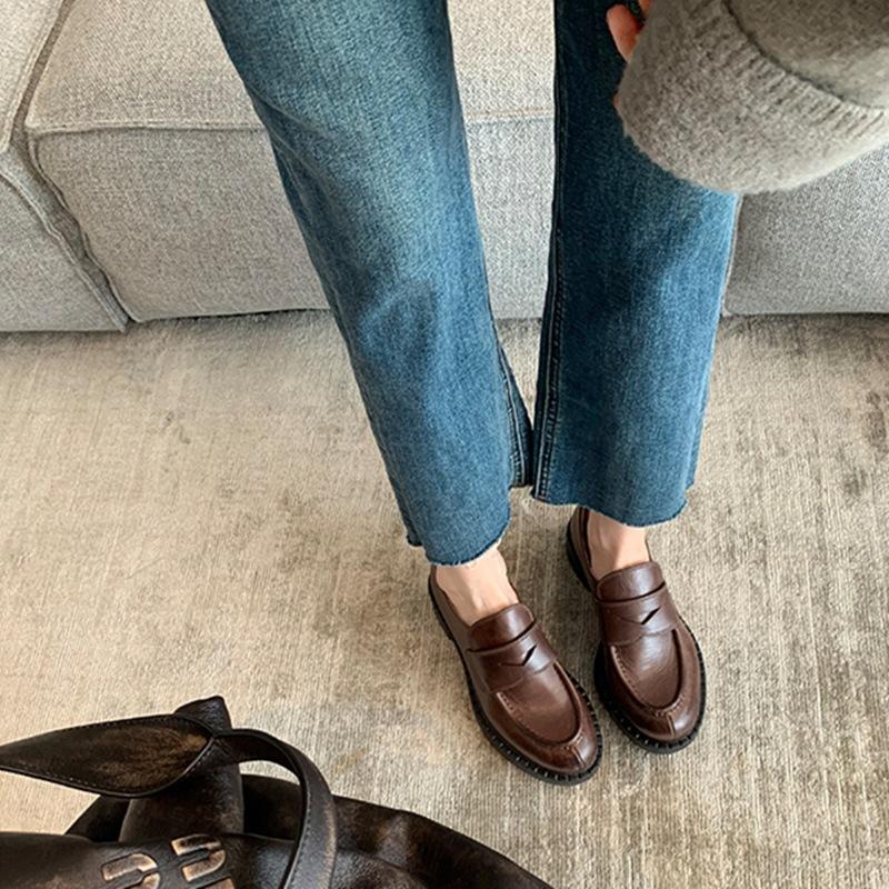 Small Leather Shoes Women's Retro British Style Single Shoes Leather Single Shoes Thick Heel Loafers Autumn and Winter New Models Explosion