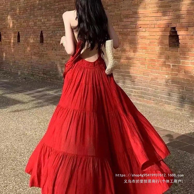 Sanya Photo Clothes Straps Super Fairy Red Halter Suspender Long Dress Vacation Thai Dress Seaside Beach