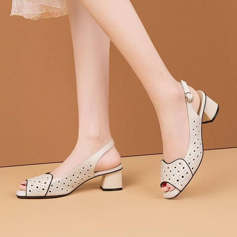 Rear Empty Versatile Thick Heel Fashion Hollow Fish Mouth Sandals Women's 2025 Summer New Mid-heel One-word Buckle Sandals