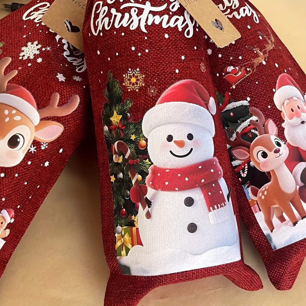Christmas Wine Bags with Drawstring, Jute Hessian Burlap Wine Gift Bottle Bags, Reusable Fabric Bottle Gift Bags  for Christmas