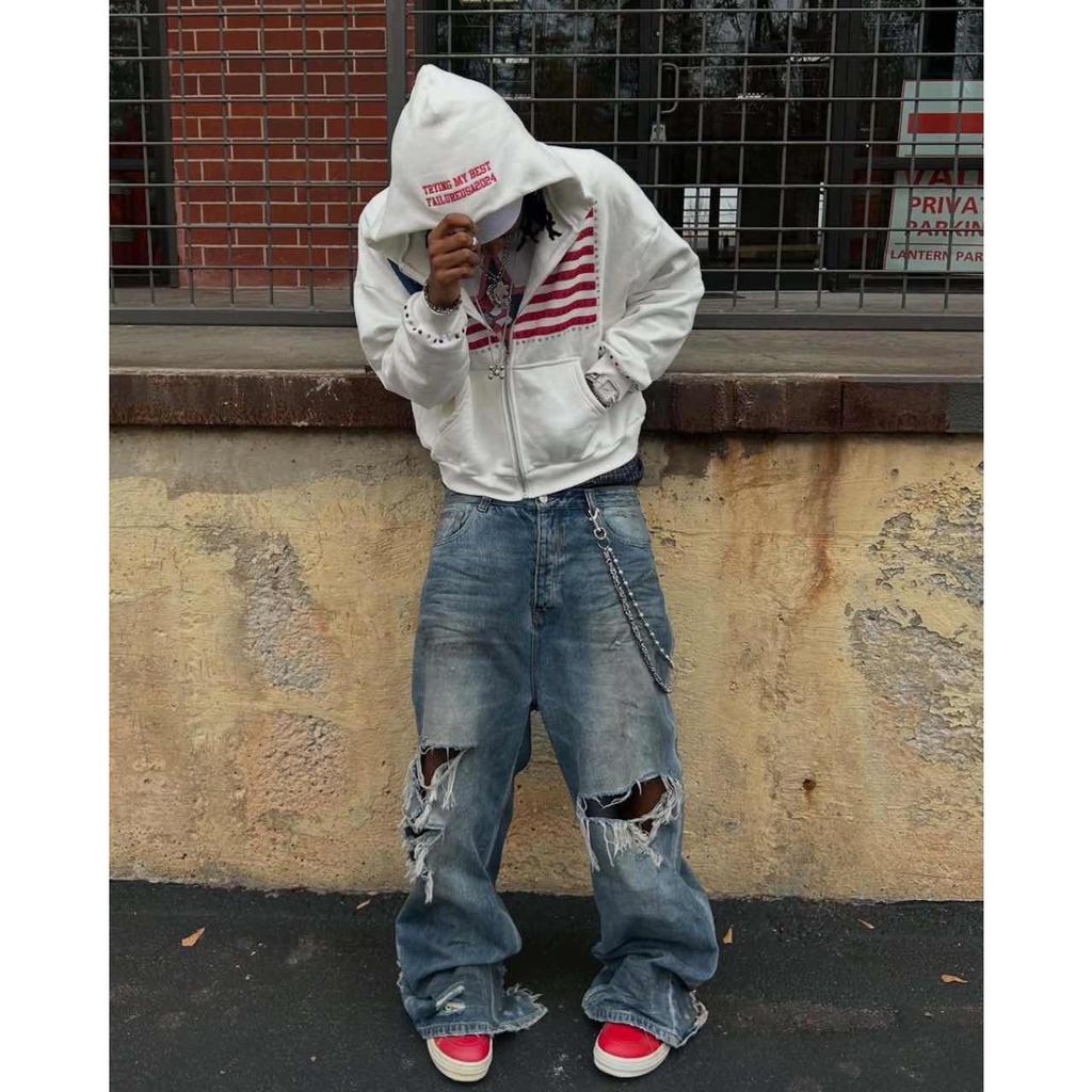 STREETRICH Autunno Nuovo Bandiera Nazionale Design Minimalista Contrasto di Colori Fantasia Felpa con Cappuccio da Uomo Harajuku Y2k Larga con Zip Felpa in Cotone